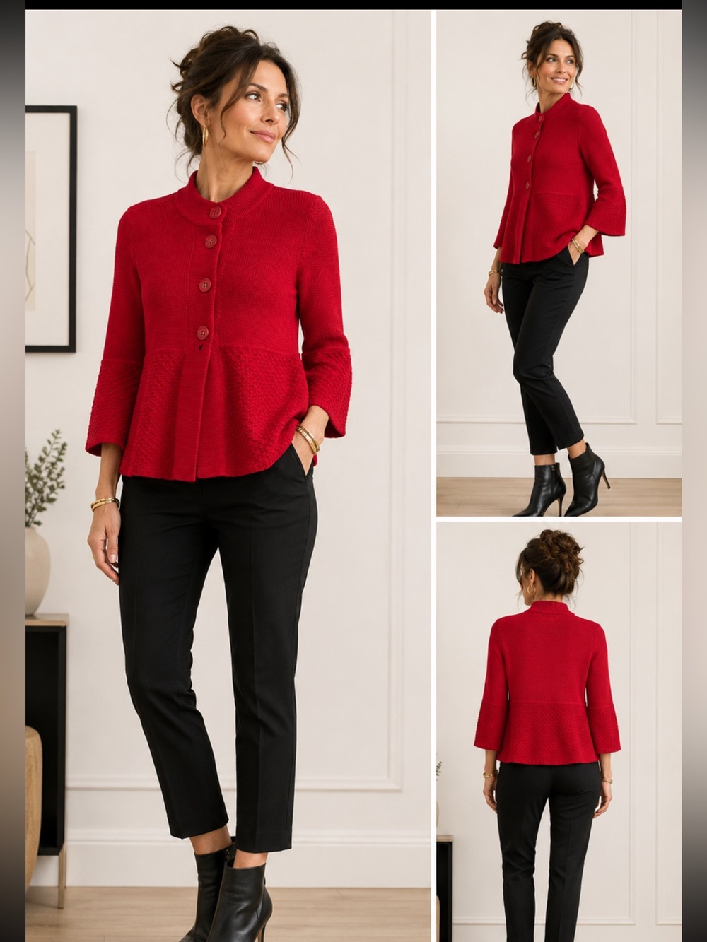 Red Peplum Knit Cardigan Button Front Textured Sweater Design History M
